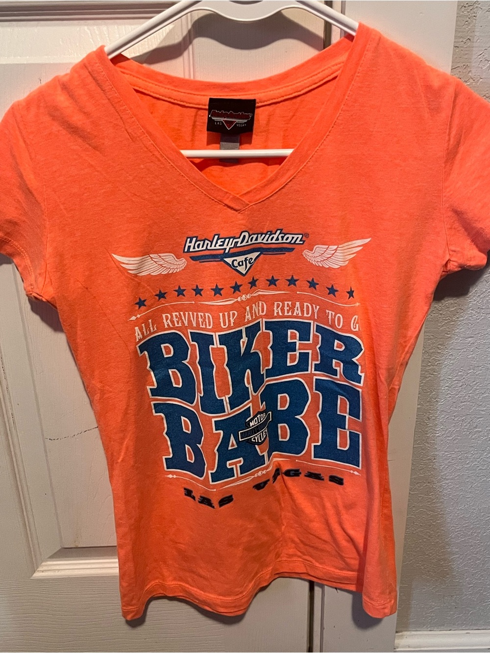 Harley-Davidson Bright Orange V-Neck Tee with Blue & White Graphic